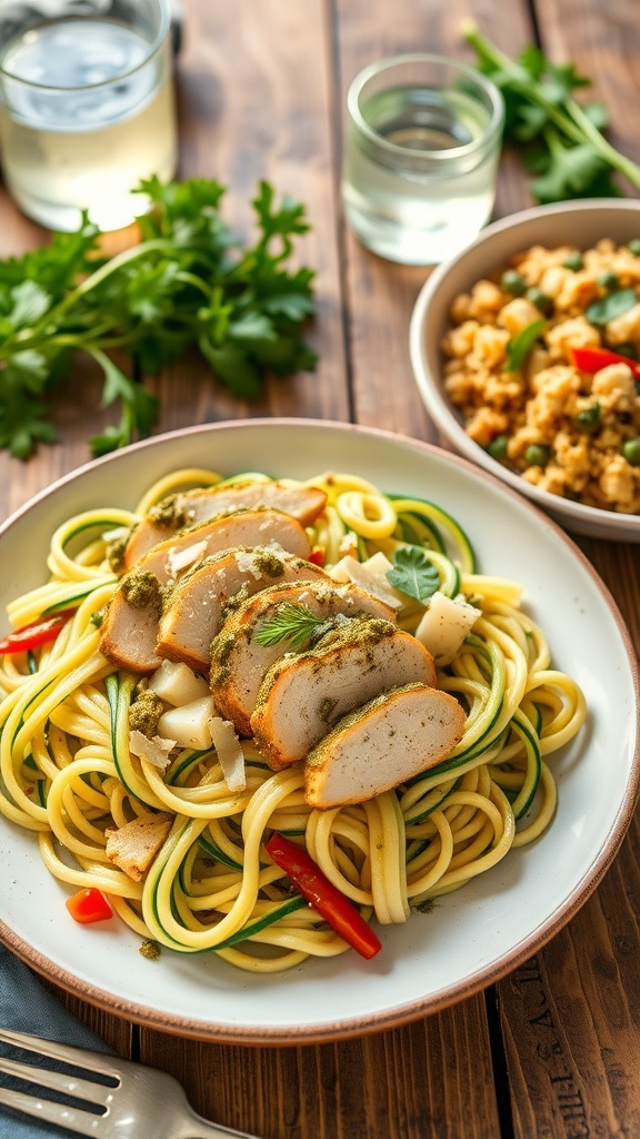 Zucchini noodles with pesto chicken and cauliflower fried rice on a rustic table.
